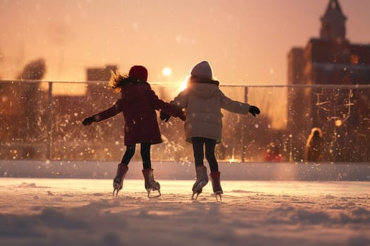 Children are joyfully skating on the open rink, having fun on their winter holiday. Skaters are enjoying the winter holiday, reveling in the sport and leisure of ice skating. The snowy day adds to the wintertime charm of this winter activity on snow and ice