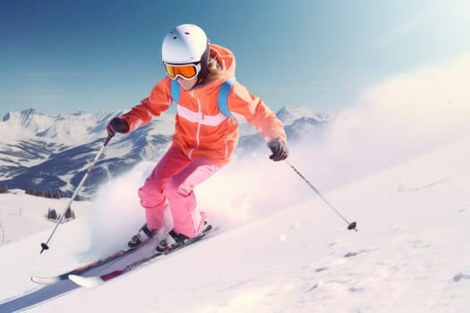 Young woman skier riding down in mountains. Girl rider wearing ski gear. Winter activity. Girl on the ski. Active winter holidays. Skiing downhill in sunny day. Skiing in fresh snow in mountains. Winter sports concept