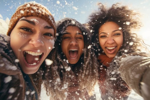 Excited children are joyfully playing in the snow, laughing and having fun. They engage in a friendly snowball fight with friends, taking selfie and creating cherished memories on their winter holiday. Positive and laughing, enjoying a snowy winter day