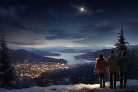 Christmas time. Family looking at Christmas star on night sky. Christmas Eve. The Star of Bethlehem. Waiting for Santa Claus. Christmas holiday. Silent night. Winter holiday