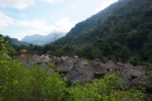 Huts of an indigenous village, Kogi Village on the Lost City Trek, Ciudad Perdida, close to Santa Marta, Colombia 2020