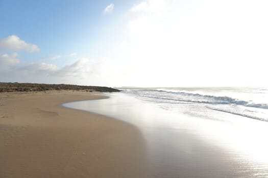 Beautiful reflection on the beach Playa Punta Agujas, close to Punta Gallinas, La Guajira, Colombia 2020