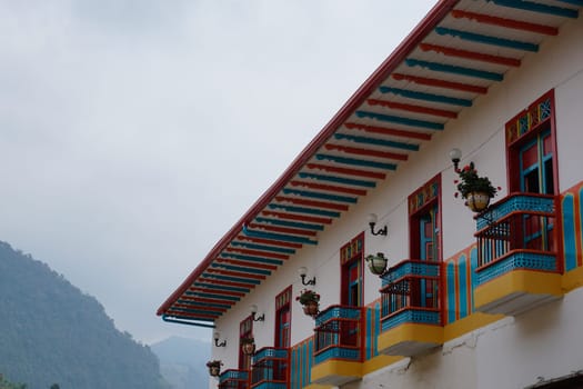 Colorful balconies and roof of a house in Jardin, Eje Cafetero, Colombia 2020
