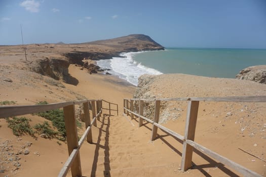 Wooden stairs down to the beach next to the Pilon de Azucar, La Guajira, Colombia 2020