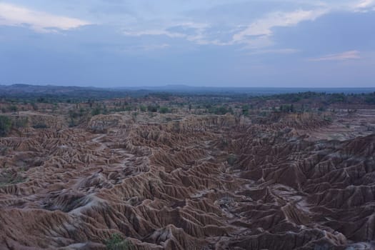 The lunar landscape of the Tatacoa Desert, Desierto de la Tatacoa shortly after sunset, Colombia 2020