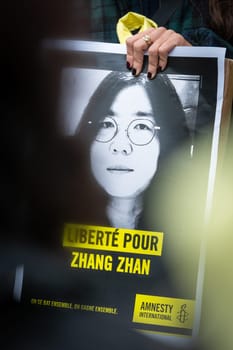 Lyon, France, December 11 2023 : demand for the release of Zhang Zhan, a journalist who disappeared in Wuhan in the People's Republic of China in May 2020. She was one of the first to cover the early days of the Covid 19 pandemic. On December 28, 2020, she was sentenced to four years in prison for "disturbing public order and disseminating false information."""