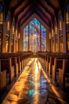 interior of a cathedral church with stained glass and light, ai