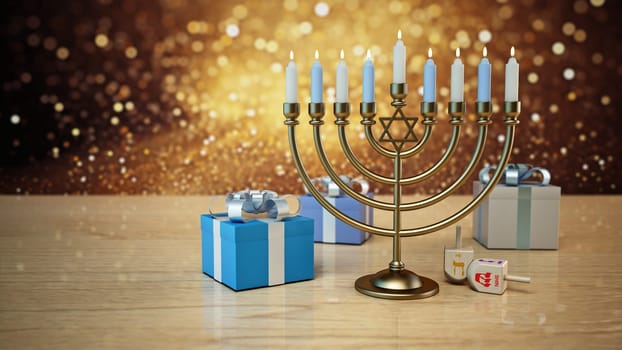 Hanukkah menorah, dreidel and giftboxes on wooden table with bokeh light effects on the background. 3D illustration.