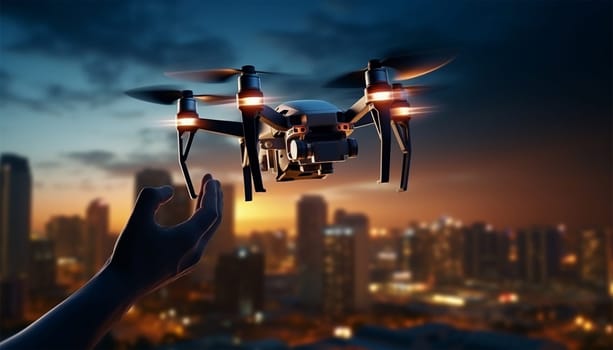 Quadcopter takeoff from a hand with country landscape and cloudy sky. Aerial filming to the flying pilotless video camera. Piloting aerial vehicle, vertical take off or getting down on a hand. close up