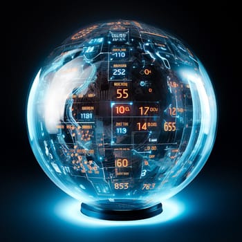 Abstract futuristic sphere for computing, collecting and storing information, fictional electronic device of digital communication technology on a dark background