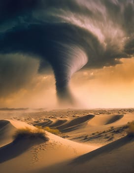 Big tornado storm in the desert above the sand dunes. Anomalous phenomena and climacteric disasters caused by the global warming. Environmental problem concept