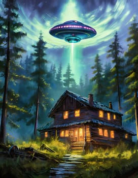 Unidentified Aerial Phenomena UAP as a mysterious alien spaceship above and an old wooden house in the fir forest at night. Anomalous UFO sci-fi surreal painting