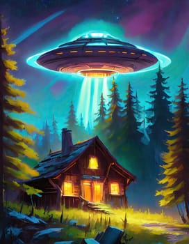Unidentified Aerial Phenomena UAP as a mysterious alien spaceship above and an old wooden house in the fir forest at night. Anomalous UFO sci-fi surreal painting