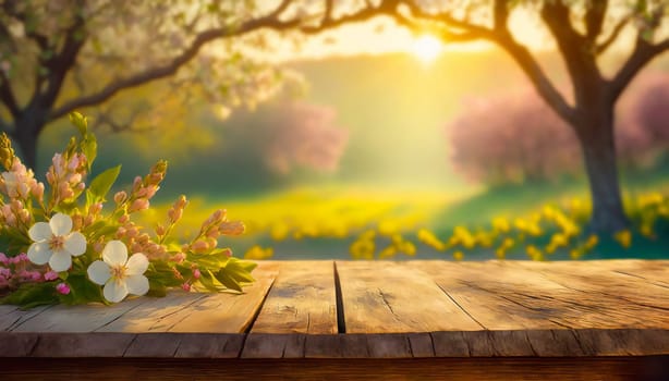 Spring season scene with an old wooden table decorated with flowers and green leaves. Springtime morning outdoors in the garden, background with copy space