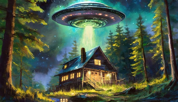 Unidentified Aerial Phenomena UAP as a mysterious alien spaceship above and an old wooden house in the fir forest at night. Anomalous UFO sci-fi surreal painting