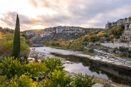 Panorama seen from the medieval village of Balazuc over Ardèche river. Photography taken in France