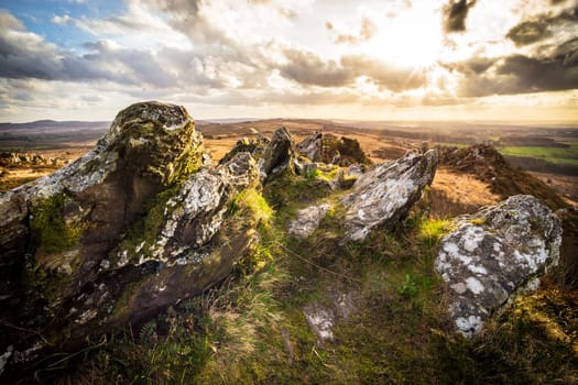 Roch Trevezel backlighted by the sunset. Photography taken in Brittany, north-western France