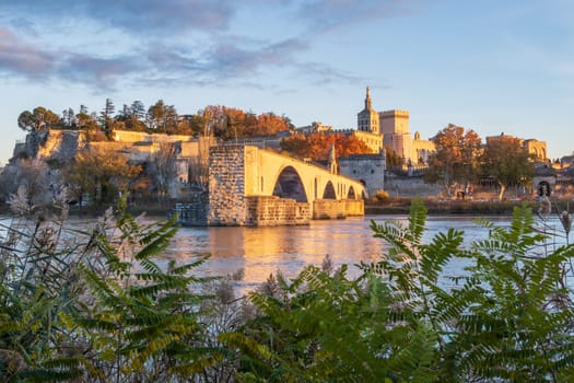 Avignon city and his Saint Benezet bridge, famous medieval Papal city on the Rhone River. Photography taken in France in autumn