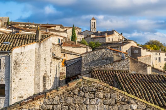 Balazuc village seen from the roofs, recognized as historical heritage and  member of The Most Beautiful Villages of France association. Photography taken in France