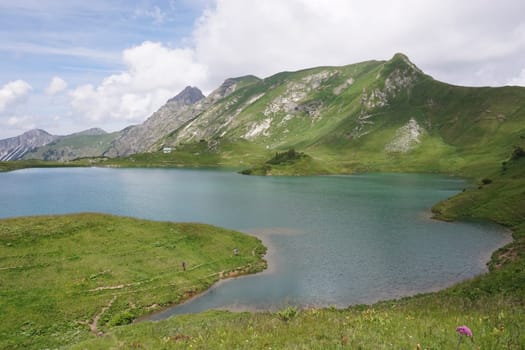 The beautiful mountain lake Schrecksee in the german Alps, Allgäu, Germany 2020