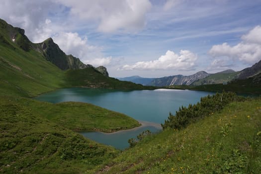The picturesque mountain lake Schrecksee in the german Alps, Allgäu, Germany 2020