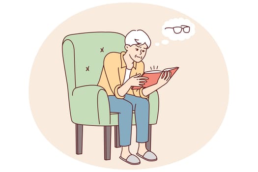 Elderly man reading book thinks about need to buy glasses to improve vision. Gray-haired human sits in chair realizing that he is starting to lose sight while studying literature. Flat vector design