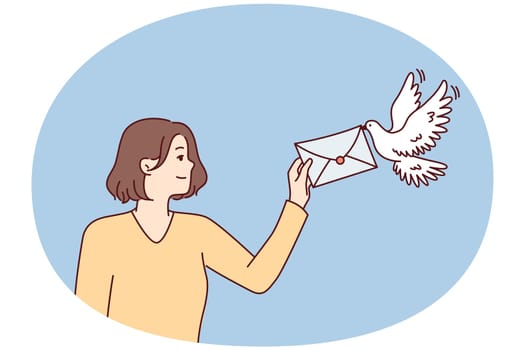 Smiling woman holds out envelope to pigeon to deliver message to boyfriend or friends. Optimistic caucasian girl uses deep mail trusting bird important letter. Flat vector illustration