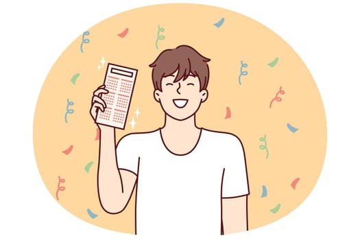 Happy man with calendar or work schedule in hands smiling while standing among falling confetti. Guy rejoices at fulfillment working deadlines or successful completion of project. Flat vector design