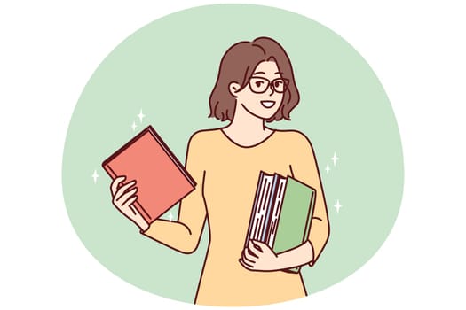 Smart young woman holds several books in hands choosing literature for reading in spare time. Girl in glasses stands with textbooks to prepare for term paper or university exams. Flat vector design