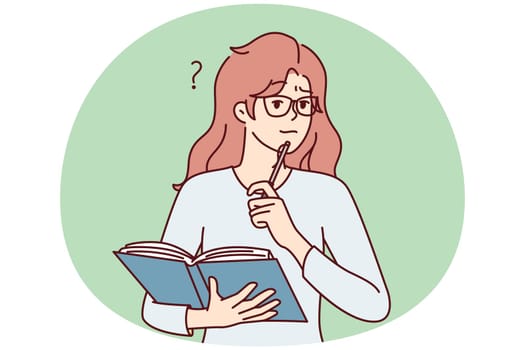 Thoughtful woman with open textbook puts pen to chin remembering correct answer to questions. Perplexed girl student casual t-shirt stands with book to prepare for exams. Flat vector illustration