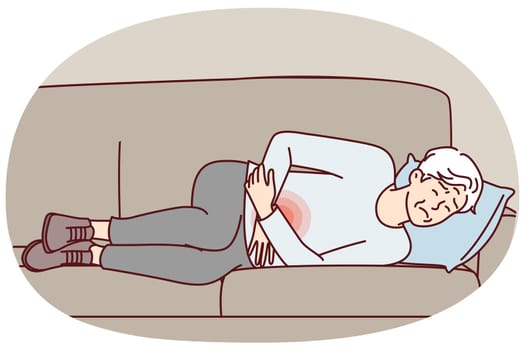 Elderly human is experiencing pain in stomachs and weakness after food poisoning lies on couch with sad face. Gray-haired man holding on to belly suffers from digestive disorders. Flat vector design