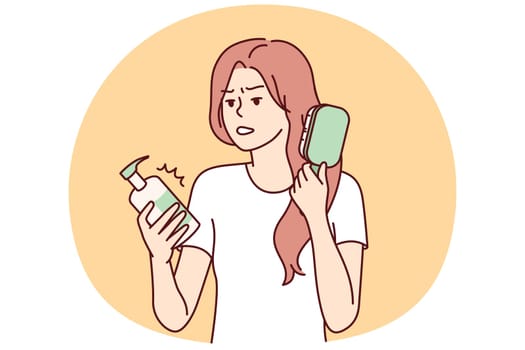 Woman combing hair out of frustration reads composition of cosmetic product containing dangerous chemicals. Shocked girl caring for hair looks disappointed at cream or hair gel. Flat vector design