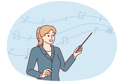 Woman teacher of musical art with pointer in hand stands near notes drawn on wavy line. Composer girl teaches melodies or works as conductor with orchestra in philharmonic society. Flat vector image