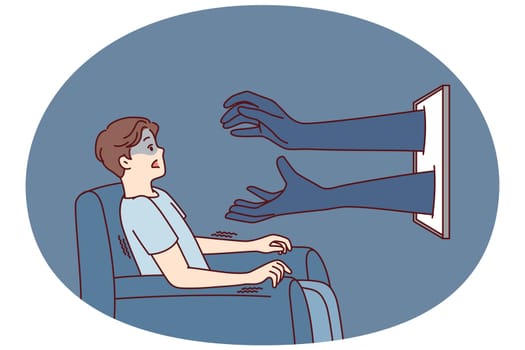 Man sitting in chair in front TV gets scared when sees hands reaching out from display. Shocked guy after learning unexpected information from documentary program opens mouth. Flat vector design