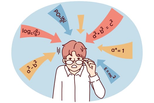Dumbfounded guy touches glasses after seeing math formulas given in school or college and requiring solution. Examples from algebra around shocked student standing in white shirt. Flat vector image