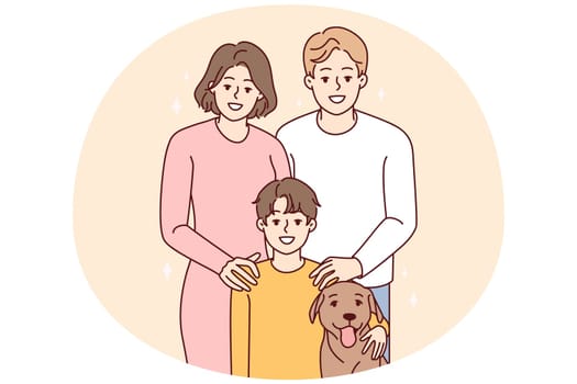 Portrait of young family with child and dog. Smiling parents with kid and pet posing together. Vector illustration.