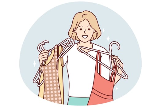 Happy young woman with dresses on hangers shopping in mall. Smiling girl buying fashion clothes in store. Style and consumerism. Vector illustration.