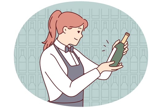Smiling waitress in apron choosing wine in cellar. Happy female sommelier make choice about drink in restaurant. Vector illustration.