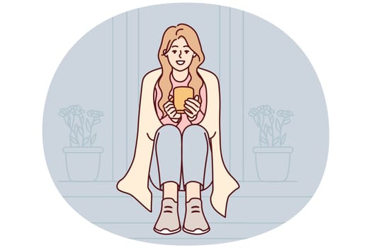 Happy woman sit on stairs at home drinking warm coffee. Smiling girl enjoy outside with tea in morning. Vector illustration.