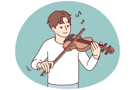Happy young man playing on violin enjoying music. Smiling guy play on musical instrument. Hobby and entertainment. Vector illustration.