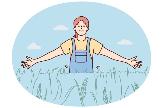 Smiling girl walking in field enjoying sunny weather outdoors. Happy female in cropland or pasture. Environment and nature. Vector illustration.