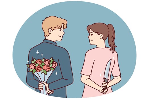 Man and woman look into eyes holding knife and flowers behind their backs. concept of black widow wishing to enter into marriage of convenience to receive inheritance. Flat vector illustration