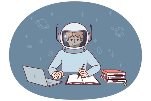 Boy in spacesuit sits at table with laptop and textbooks making notes in workbook. Child astronaut reads stories of conquering space and exploring planets of universe. Flat vector illustration