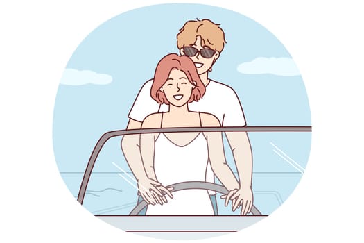 Romantic couple of man and woman at same time control boat holding helm enjoying summer vacation. Guy hugging girlfriend from behind during honeymoon travel by sea in tropical area. Flat vector design