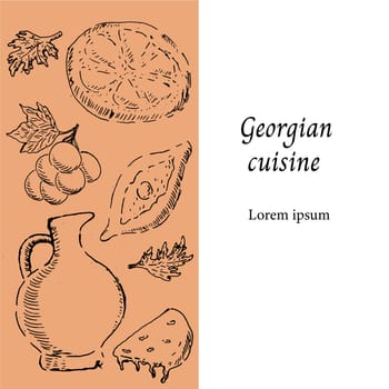 Georgian food cuisine background can used for menu template, banner, flyer. Vector illustration in hand drawn sketch style. Vintage background suitable for cafe and restaurant.