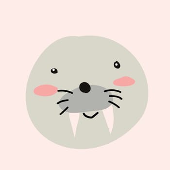 cute animals portrait of walrus, animals head. Vector illustration on pink background in scandinavian style.