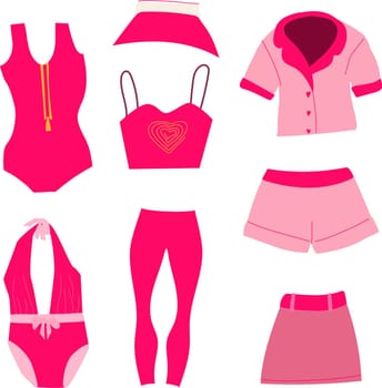a sea set of pink clothes pajamas, leggings, top, skirtt of pink clothes pajamas, leggings, top, skirt. Vector illustration isolated.