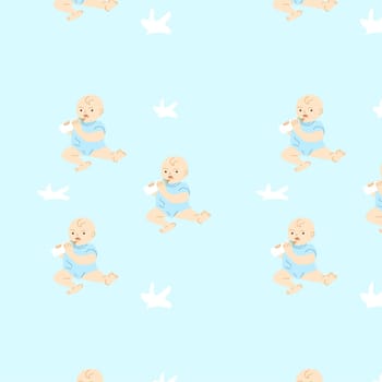 baby background of small boy and kids bottle. Vector illustration on blue background. Cute seamless pattern with todler.