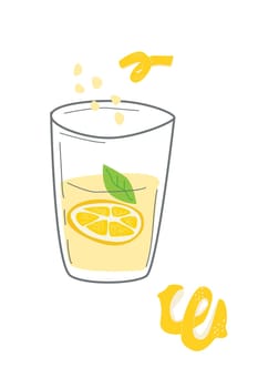 glass with a drink with lemon and lemon skin summer vector illustration. fresh drink on yellow color.