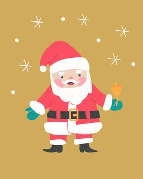 cute christmas character claus with bell - greeting card. Vector illustration on gold background. Usable for postcards, invitation, celebtation banner.